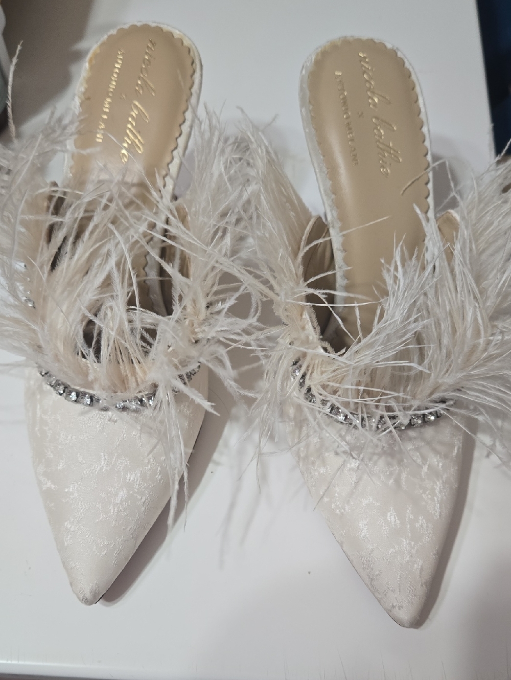 Ivory Feather Embellished Pointed-Toe Mule